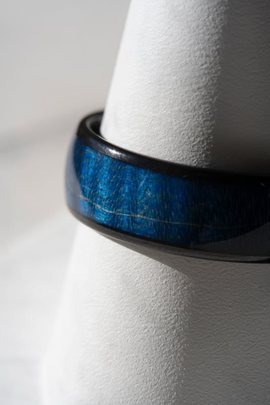 8 mm Wide Dyed Azure Wood Inlay Band with a Comfort Fit Interior in Black Plated Tungsten at a Size 10