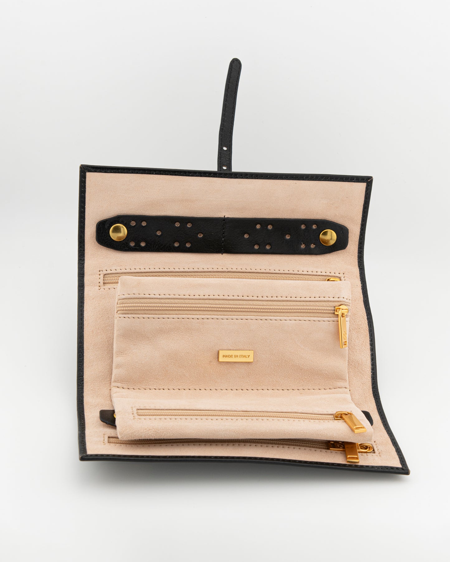 Jewelry Roll Travel Case in Black Leather