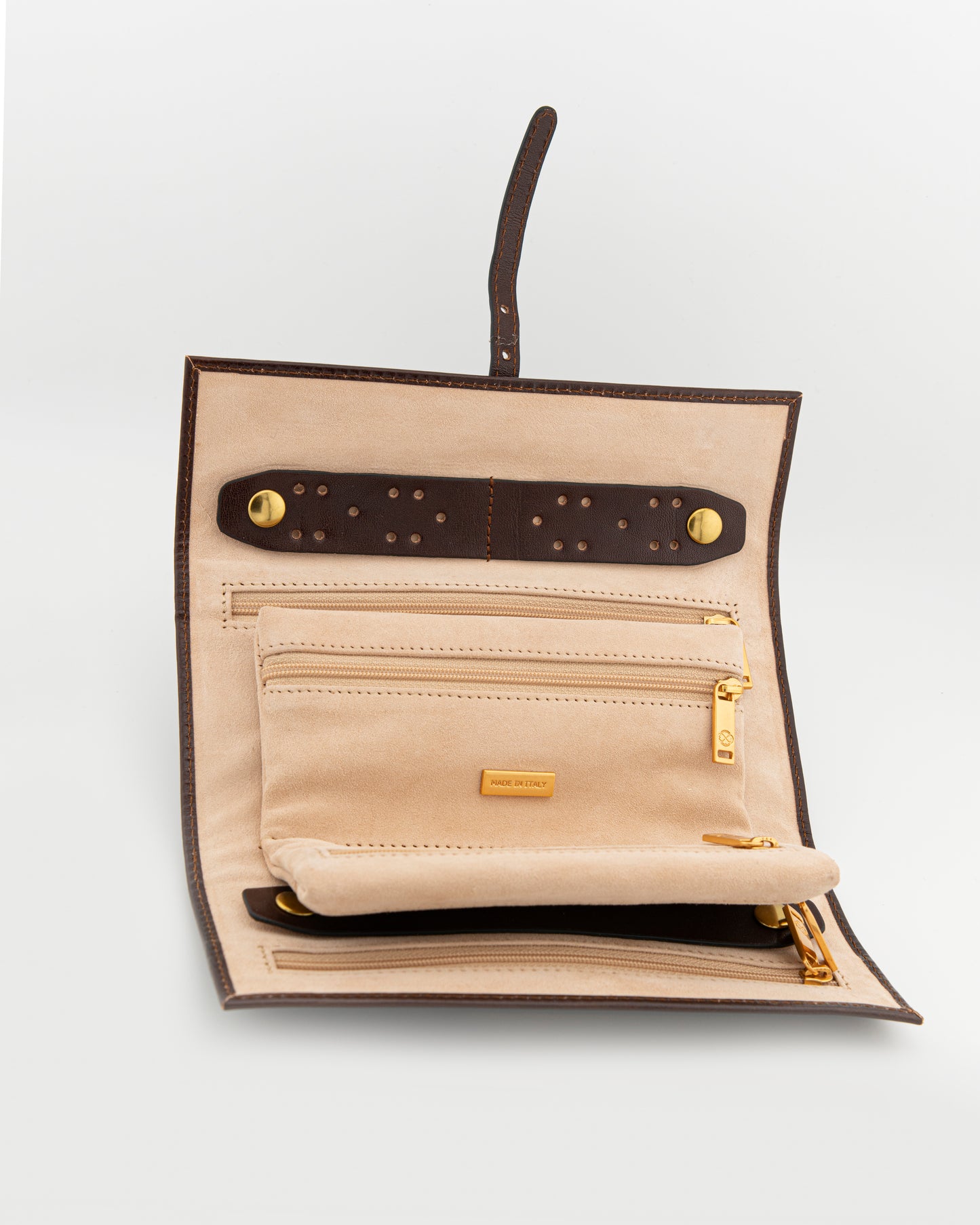 Jewelry Roll Travel Case in Brown Leather