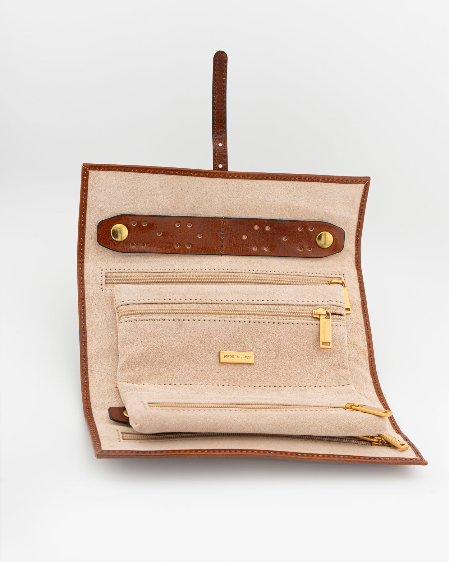 Jewelry Roll Travel Case in Cognac Leather