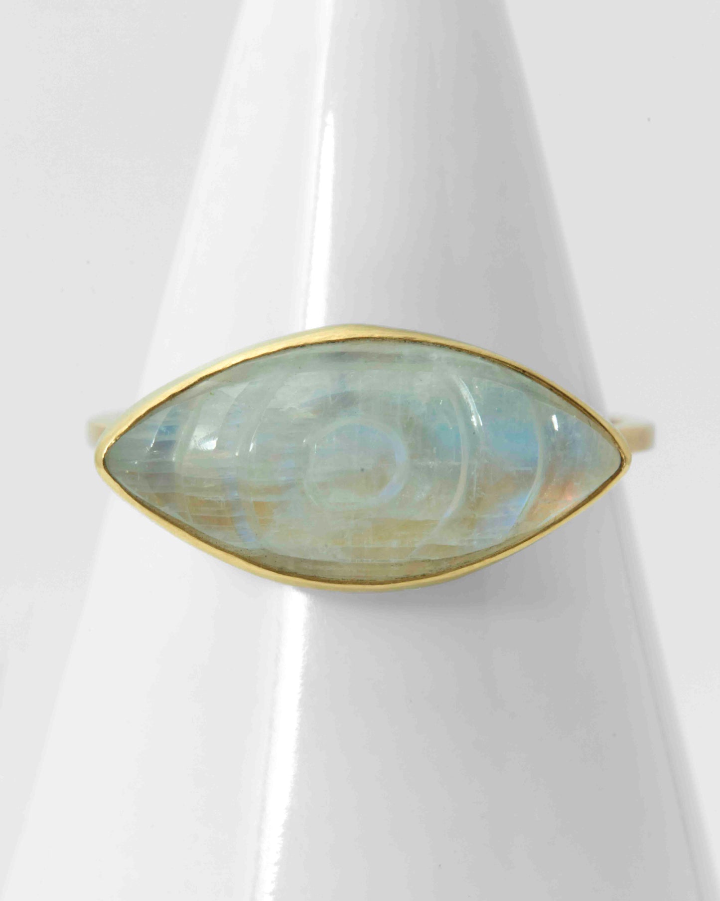 Carved Moonstone Eye Ring in 14K Yellow Gold as Size 5 1/2