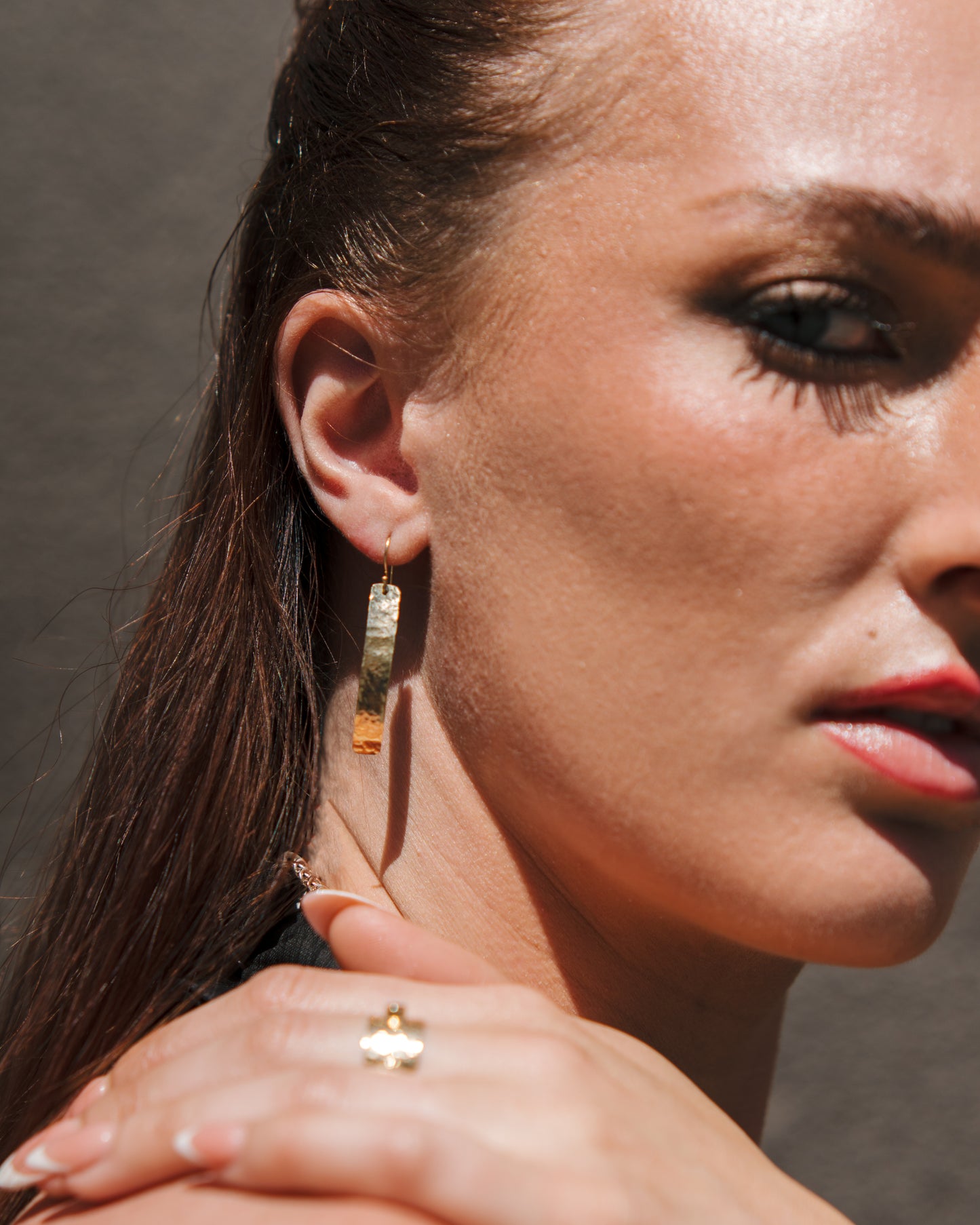 Hammered Bar Drop Earrings in 10K Yellow Gold