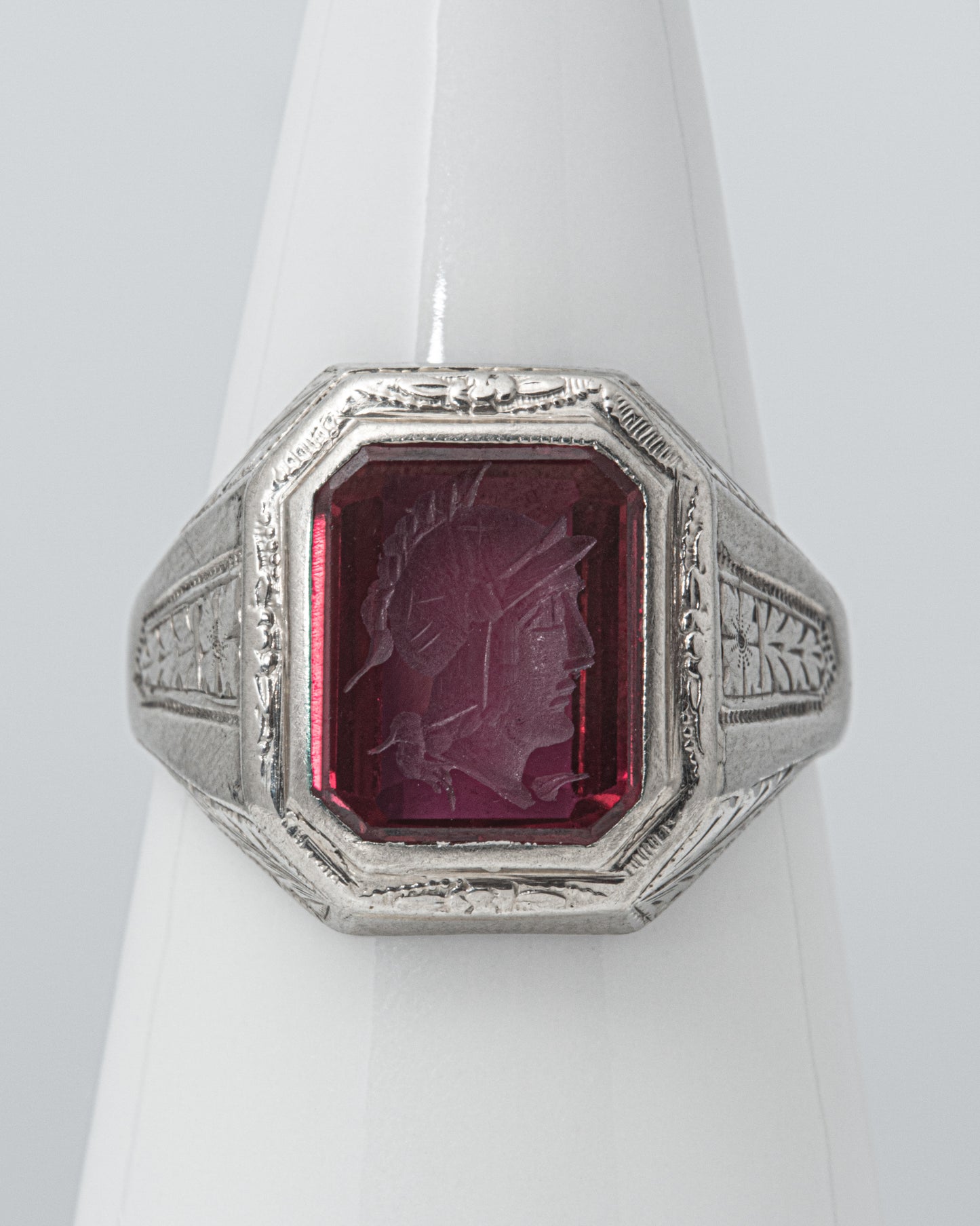 Lab Ruby Warrior Intaglio Ring in 10K White Gold at a Size 10