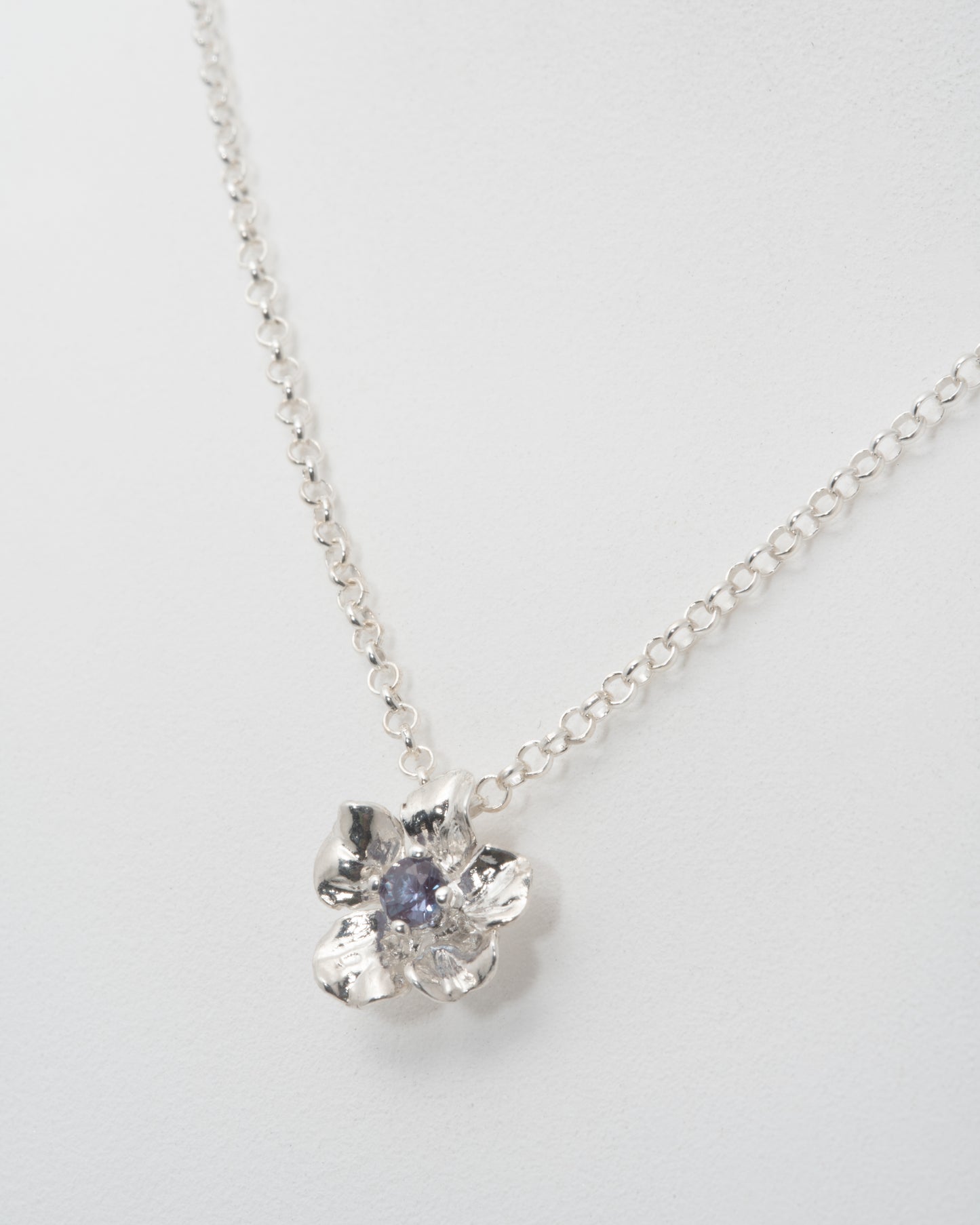 Sparkling Geranium Necklace with Lab Grown Alexandrite at 20" in Sterling Silver