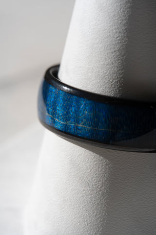 8 mm Wide Dyed Azure Wood Inlay Band with a Comfort Fit Interior in Black Plated Tungsten at a Size 10