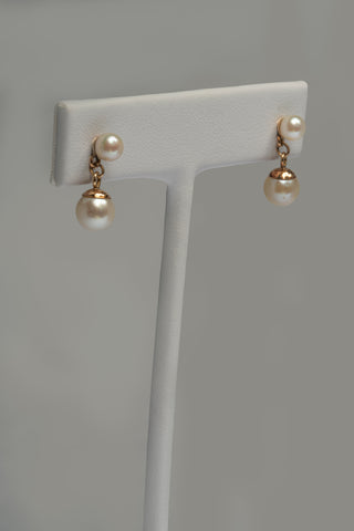 Natural Double Round White Pearl Drop Stud Earrings in 14K Yellow Gold