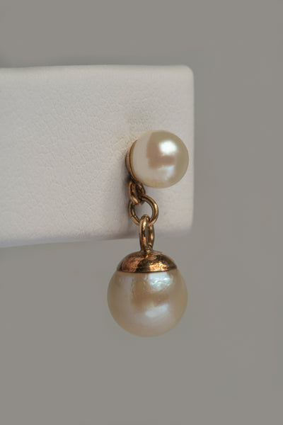 Natural Double Round White Pearl Drop Stud Earrings in 14K Yellow Gold