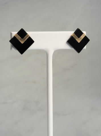 Onyx Engraved Square Deco Studs in 14K Yellow Gold