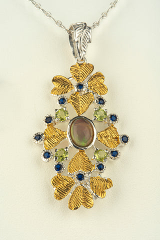 Ethiopian Opal, Peridot, & CZ Pendant with Chain in 925 Sterling Silver with Rose Gold Plated Accents at 18"