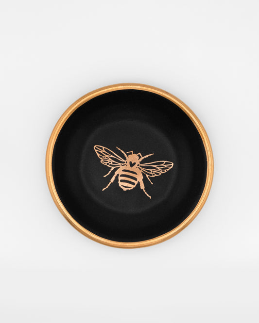 Gold Bee Matte Black Handmade Ring Dish with 22K Gold Trim at 3"