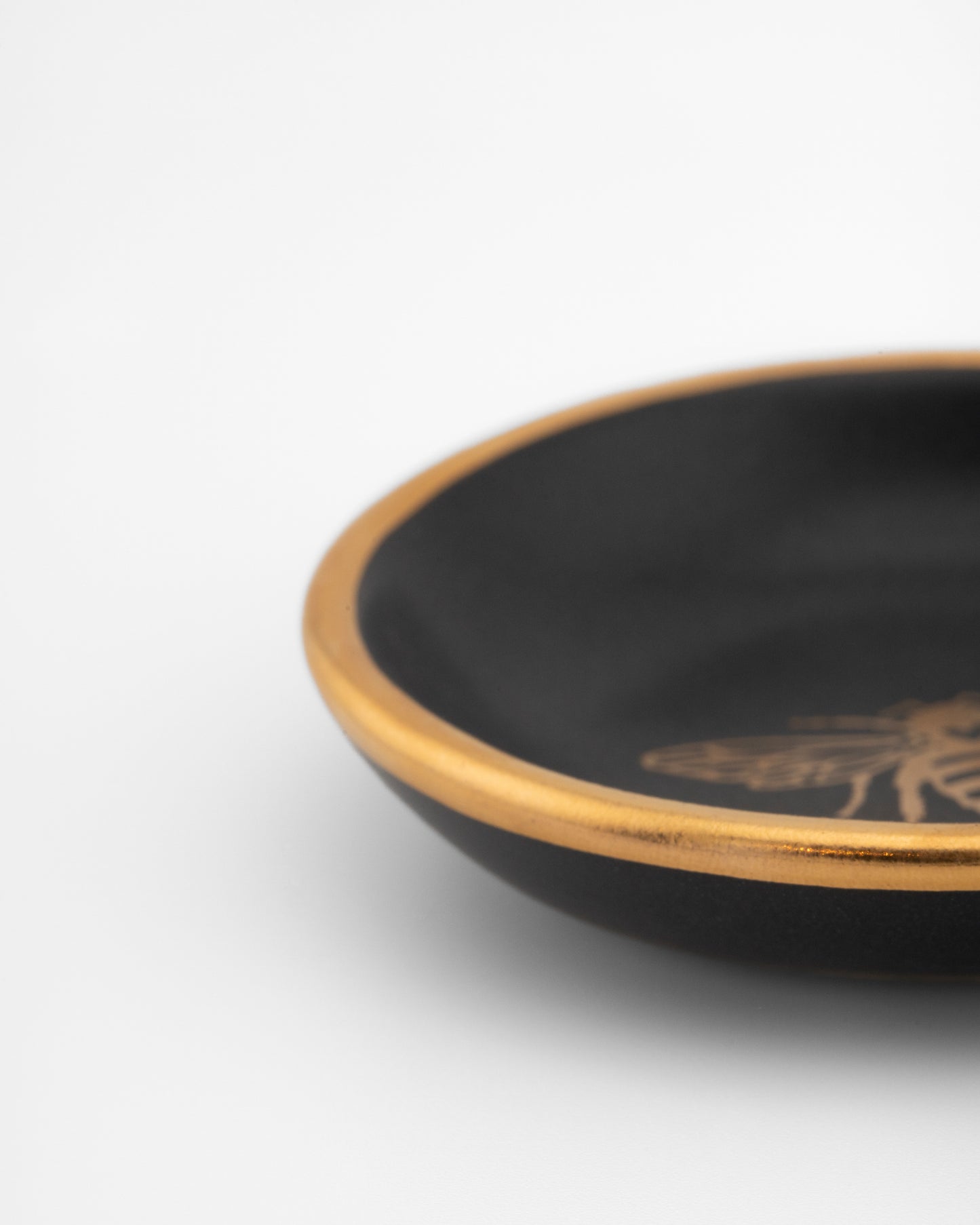 Gold Bee Matte Black Handmade Ring Dish with 22K Gold Trim at 3"