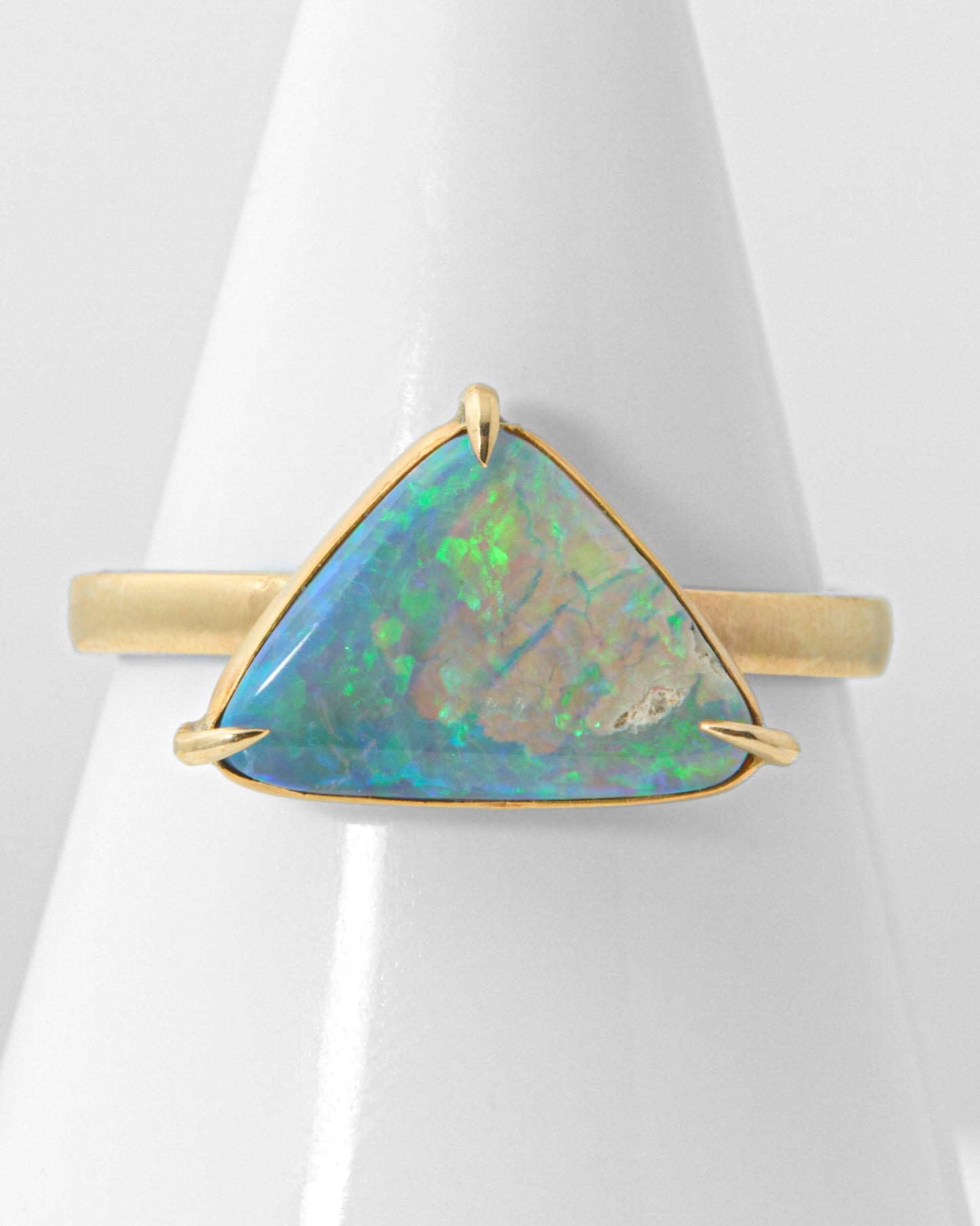 Triangular Australian Opal Solitaire Ring in 14K Yellow Gold as Size 7 1/4