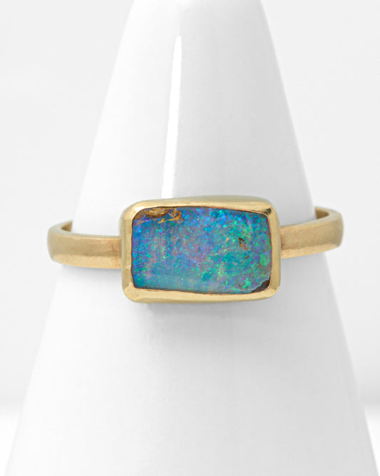 Rectangular Boulder Opal Solitaire Ring in 14K Yellow Gold as Size 6 1/2