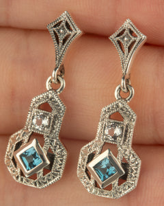 London Blue Topaz & White Topaz Art Deco Style Filigree Drop Stud Earrings in Sterling Silver