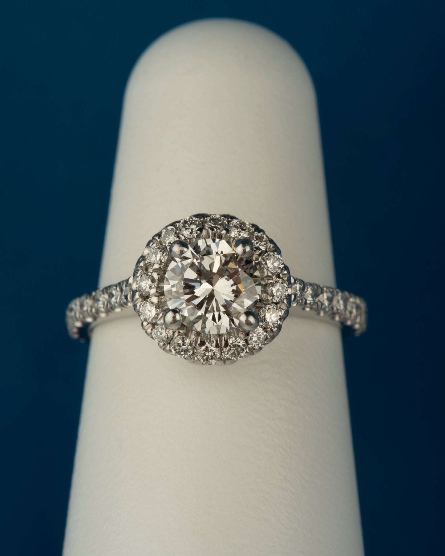 3/4 ct Natural VS2 H Color Diamond with a Round Diamond Halo Ring in Platinum 950 at a Size 7