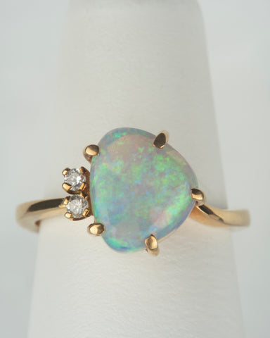 Australian Opal and Diamond Cluster Ring in 18K Yellow Gold at a Size 6