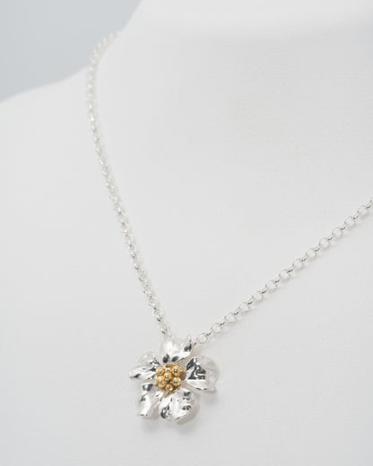 Bimetal Geranium Necklace at 20" in 18K Yellow Gold & Sterling Silver