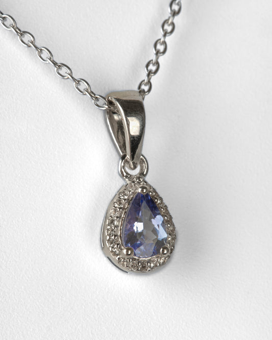 .43 ctw. Pear Cut Tanzanite & Topaz Halo Pendant with an 18" Cable Chain in Sterling Silver