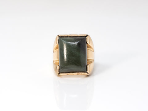 Rectangular Moss Agate Cabochon Signet Ring in Gold Plated Sterling Silver at a Size 9