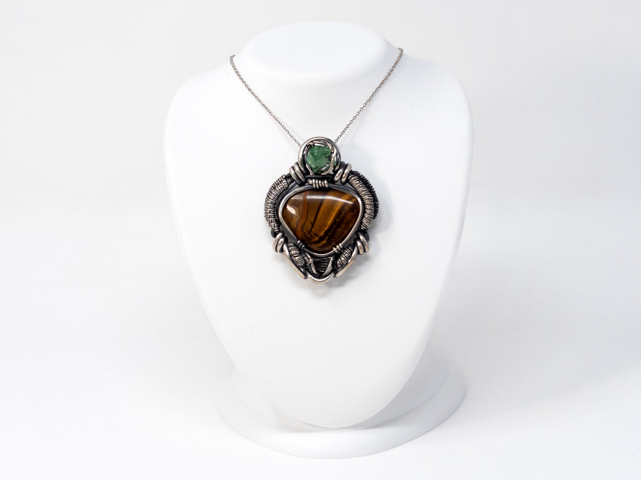 Tiger's Eye and Tsavorite Wire Wrapped Pendant