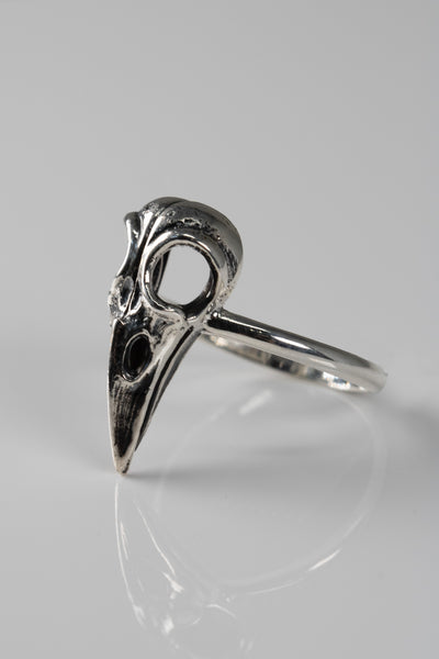 Corvid Raven Skull Ring in Sterling Silver at a Size 7