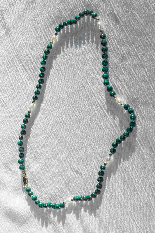 SJG Coastline Necklace with a 14K Yellow Gold Clasp at 16" with Malachite, Rice Pearls, and Gold Beads