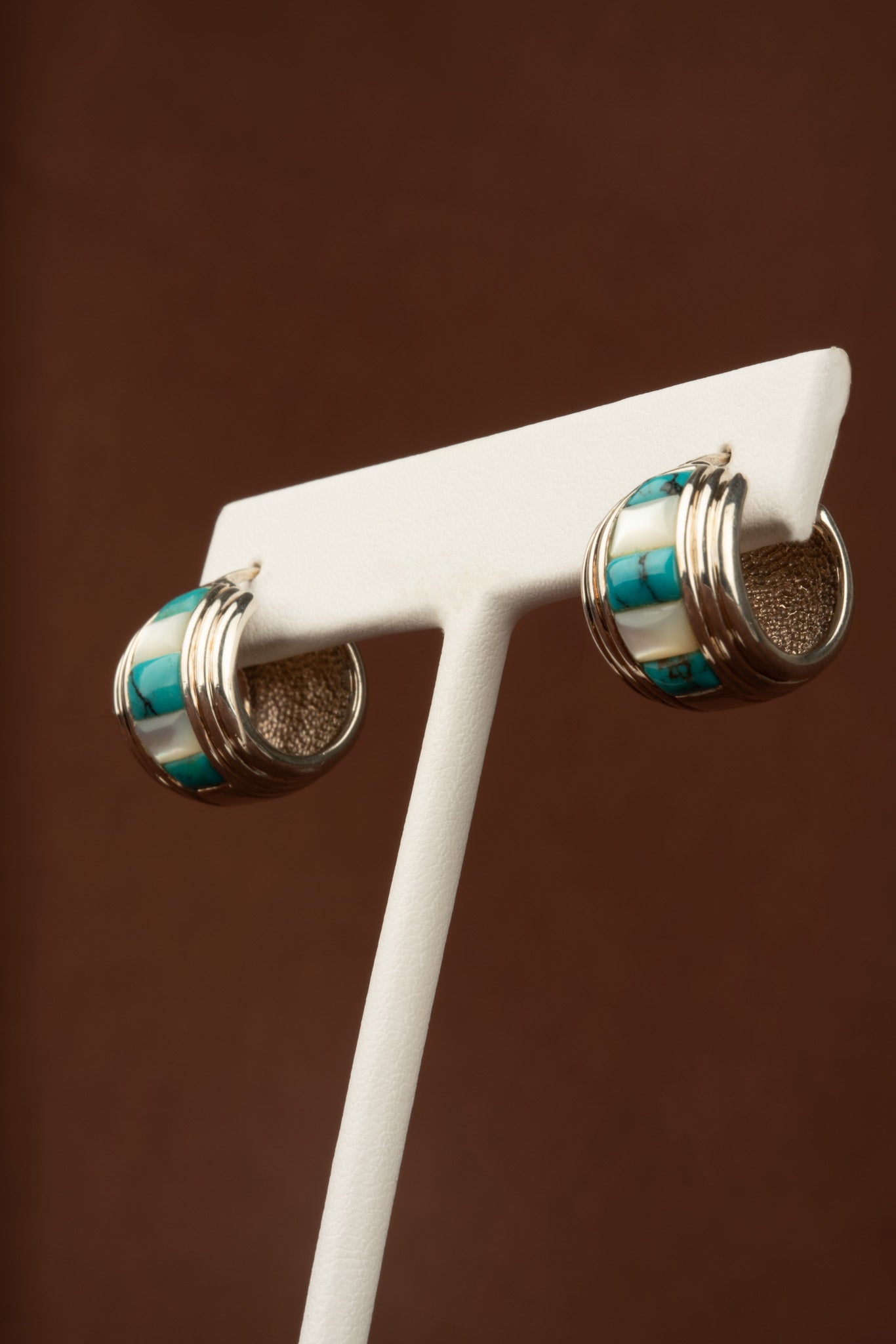 Turquoise and Mother of Pearl Inlay Hoops in 925 Sterling Silver