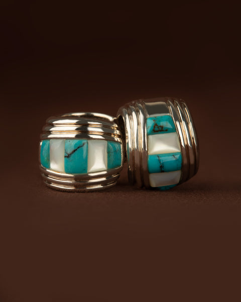 Turquoise and Mother of Pearl Inlay Hoops in 925 Sterling Silver