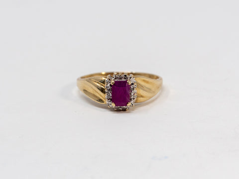Natural Ruby with Diamond Halo Prong Set Ring in 10K Yellow Gold at a Size 8 1/2