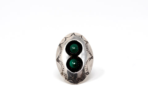 Double Oval Malachite Cabochon Statement Ring in Sterling Silver at a Size 4 3/4