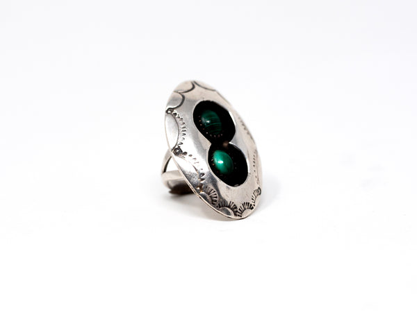 Double Oval Malachite Cabochon Statement Ring in Sterling Silver at a Size 4 3/4