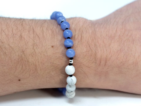 Blue Lace Agate and Howlite Knotted Beaded Bracelet with Sterling Silver Clasp at 7"