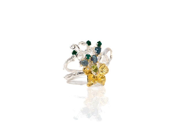Peridot, Emerald, and Blue Opal Flower Statement Ring