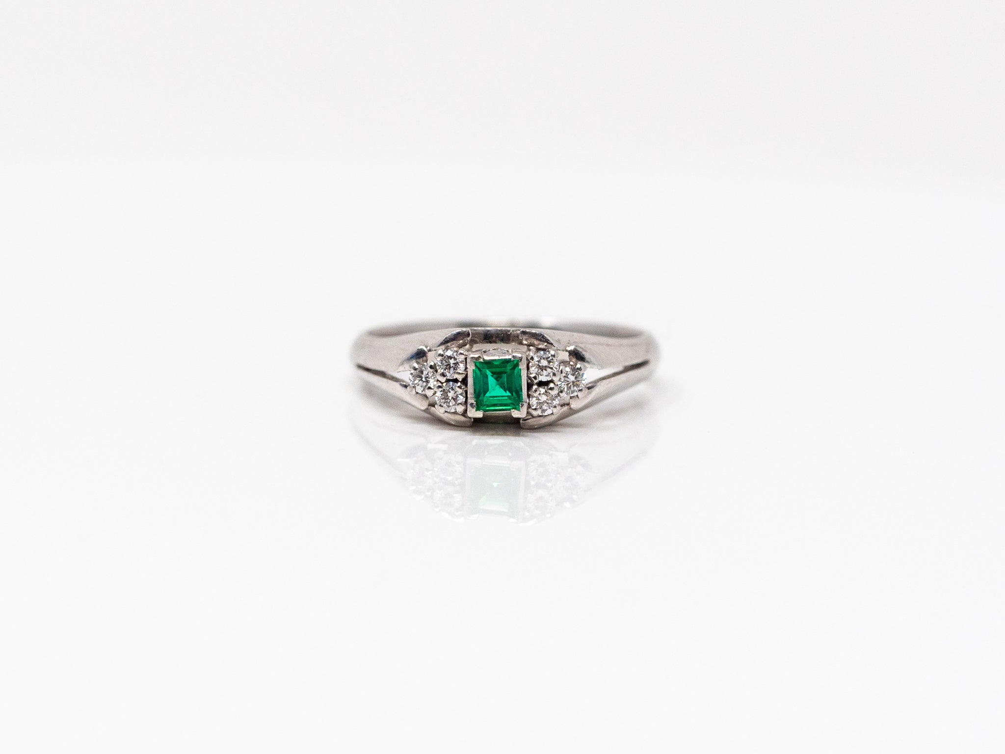 Princess-Cut Emerald with Diamond Accent Ring in Platinum 900 at a Size 6 3/4