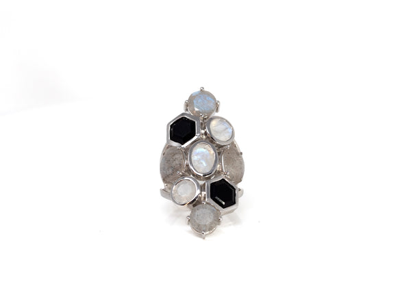 Rainbow Moonstone, Labradorite, and Onyx Statement Ring